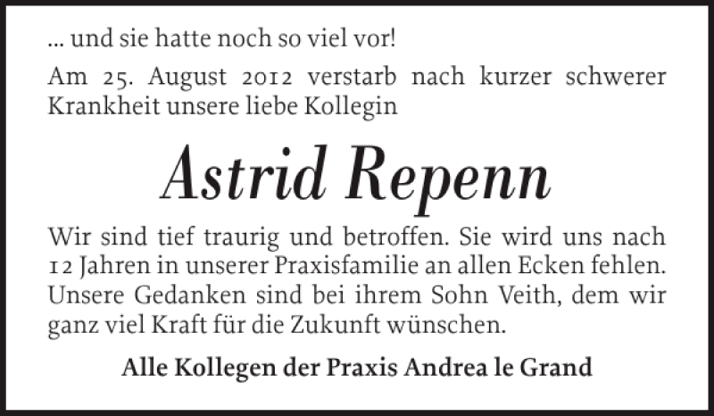  Traueranzeige für Astrid Repenn vom 30.08.2012 aus Norddeutsche Rundschau