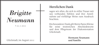 Traueranzeige von Brigitte Neumann von Norddeutsche Rundschau
