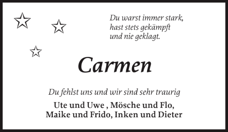  Traueranzeige für Carmen  vom 03.08.2012 aus Sylter Rundschau