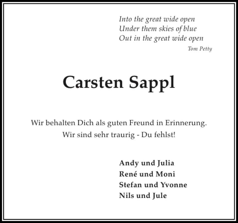  Traueranzeige für Carsten Sappl vom 29.08.2012 aus Flensburger Tageblatt