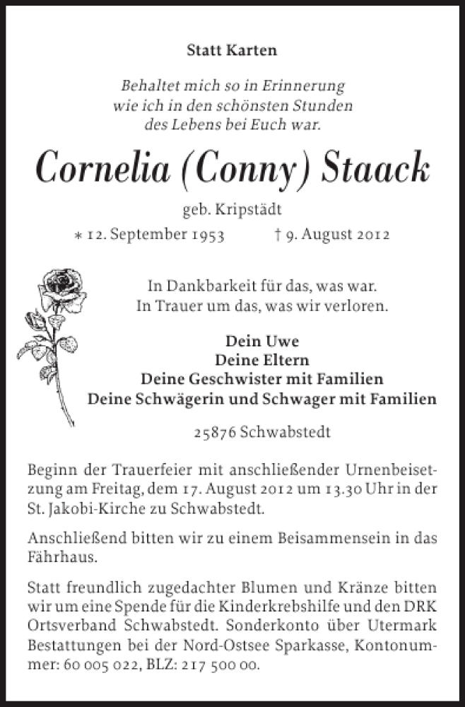  Traueranzeige für Cornelia Conny Staack vom 14.08.2012 aus Husumer Nachrichten