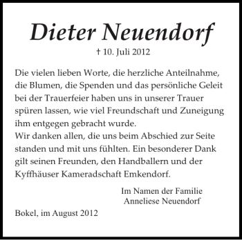 Traueranzeige von Dieter Neuendorf von Landeszeitung