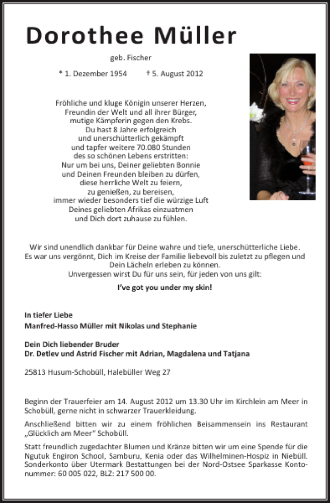  Traueranzeige für Dorothee Müller vom 10.08.2012 aus Husumer Nachrichten