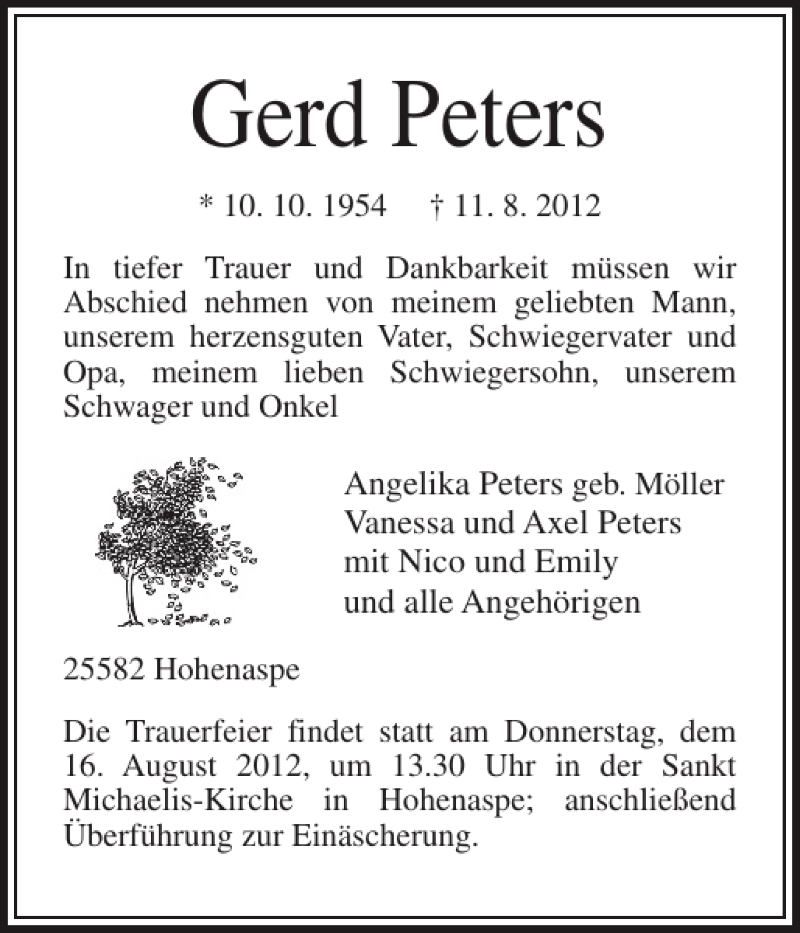  Traueranzeige für Gerd Peters vom 14.08.2012 aus Norddeutsche Rundschau