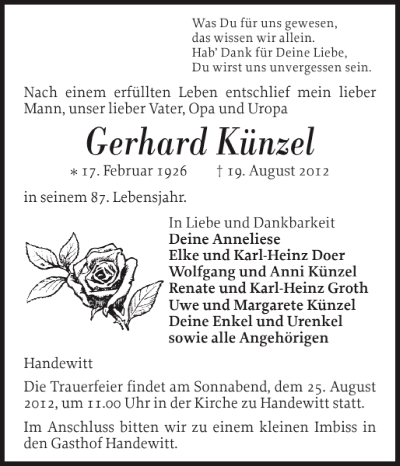  Traueranzeige für Gerhard Künzel vom 21.08.2012 aus Flensburger Tageblatt