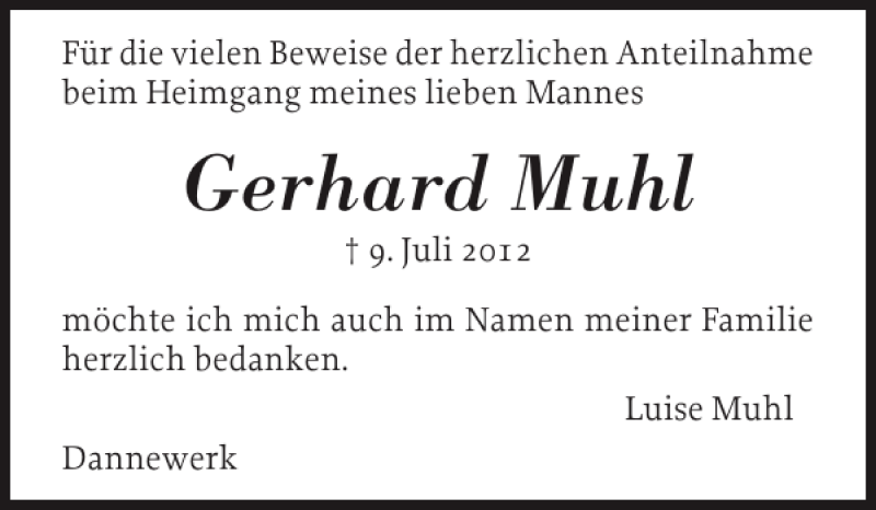  Traueranzeige für Gerhard Muhl vom 11.08.2012 aus Schleswiger Nachrichten