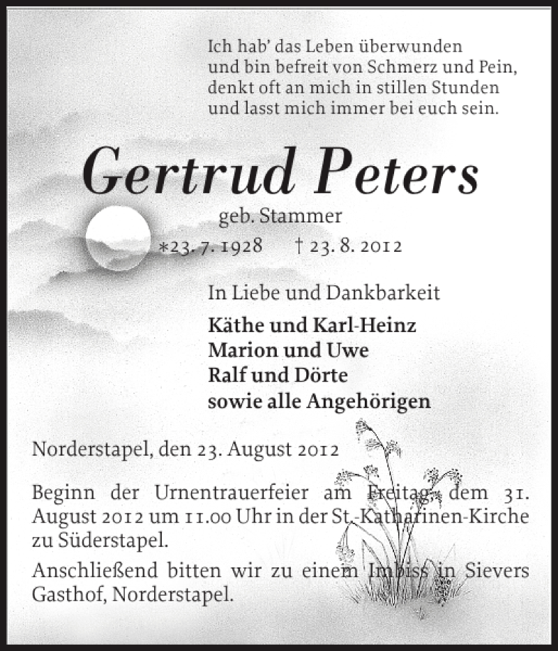  Traueranzeige für Gertrud Peters vom 29.08.2012 aus Husumer Nachrichten