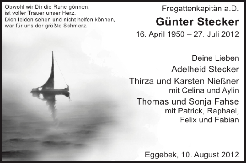  Traueranzeige für Günter Stecker vom 11.08.2012 aus Flensburger Tageblatt