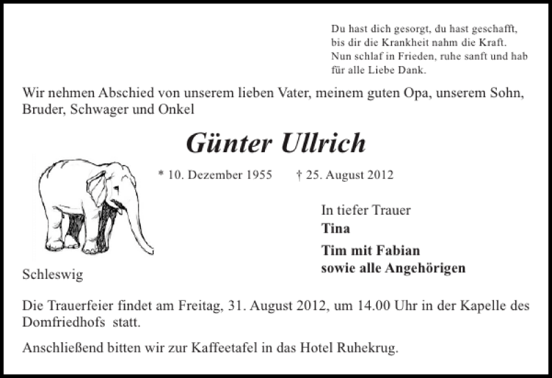  Traueranzeige für Günter Ullrich vom 29.08.2012 aus Schleswiger Nachrichten