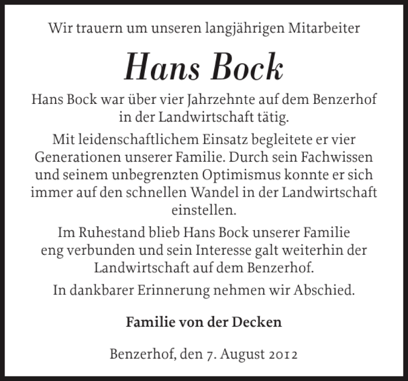  Traueranzeige für Hans Bock vom 08.08.2012 aus Ostholsteiner Anzeiger