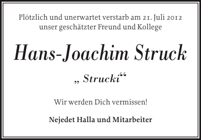  Traueranzeige für Hans-Joachim Struck vom 01.08.2012 aus Landeszeitung