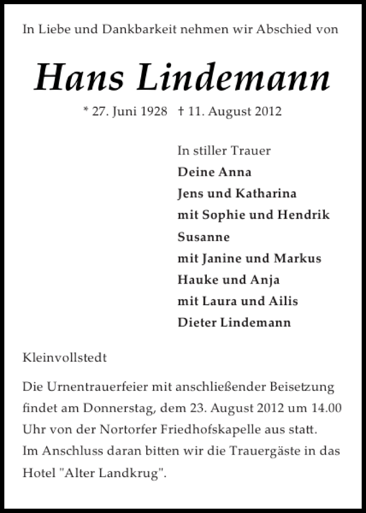  Traueranzeige für Hans Lindemann vom 18.08.2012 aus Landeszeitung