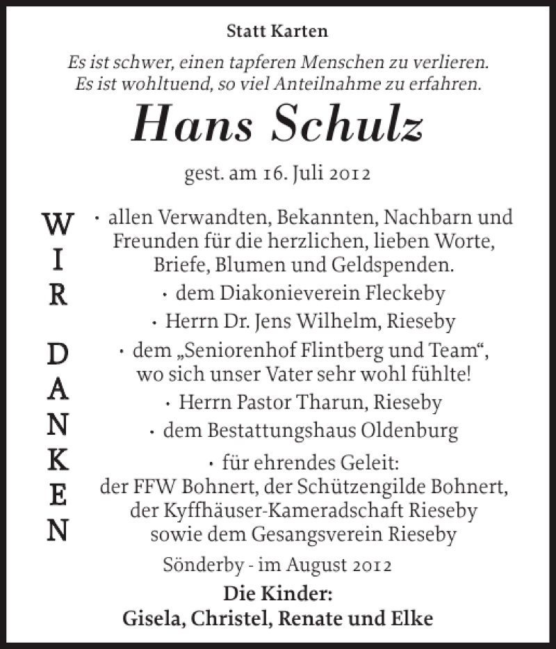  Traueranzeige für Hans Schulz vom 01.08.2012 aus Eckernförder Zeitung