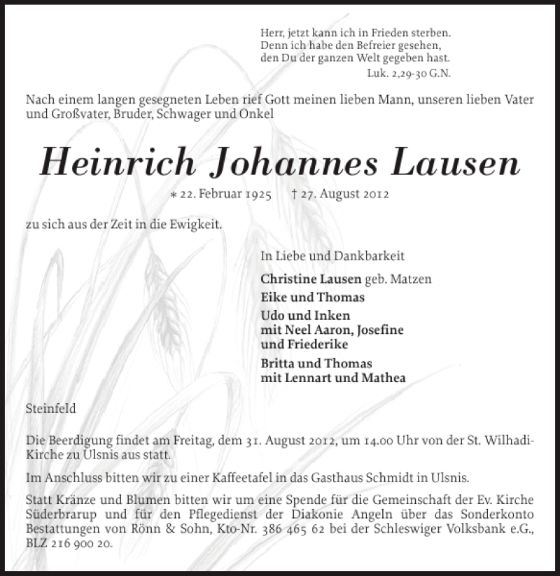  Traueranzeige für Heinrich Johannes Lausen vom 29.08.2012 aus Flensburger Tageblatt