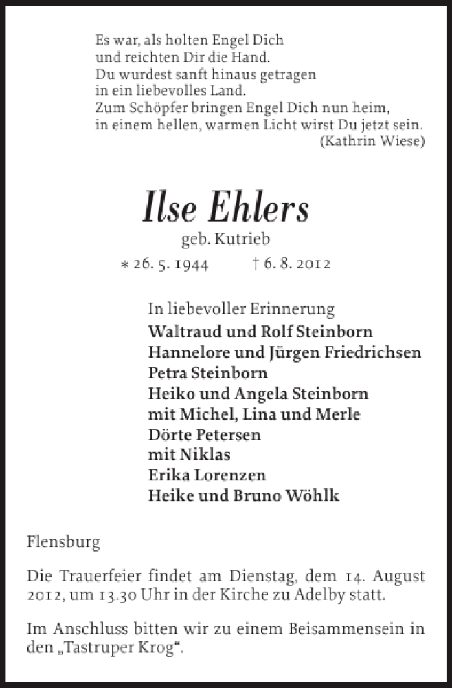  Traueranzeige für Ilse Ehlers vom 09.08.2012 aus Flensburger Tageblatt