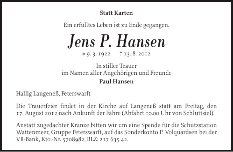  Traueranzeige für Jens P. Hansen vom 15.08.2012 aus Husumer Nachrichten