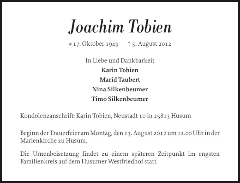  Traueranzeige für Joachim Tobien vom 09.08.2012 aus Husumer Nachrichten