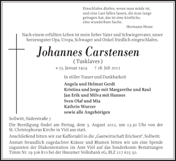 Traueranzeige von Johannes Carstensen von Husumer Nachrichten