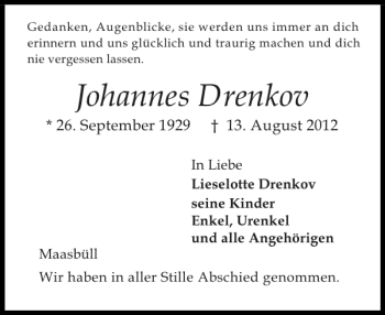 Traueranzeige von Johannes Drenkov von Flensburger Tageblatt