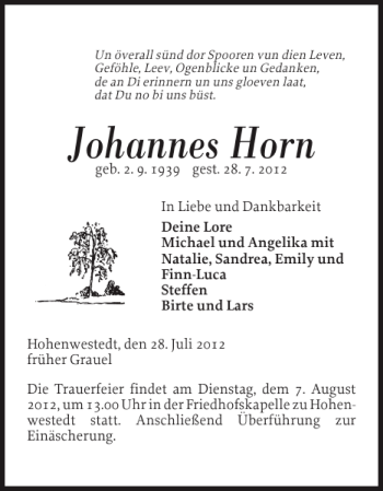 Traueranzeige von Johannes Horn von Landeszeitung