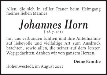 Traueranzeige von Johannes Horn von Landeszeitung