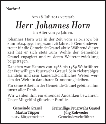 Traueranzeige von Johannes Horn von Landeszeitung