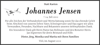 Traueranzeige von Johannes Jensen von Husumer Nachrichten