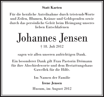 Traueranzeige von Johannes Jensen von Husumer Nachrichten