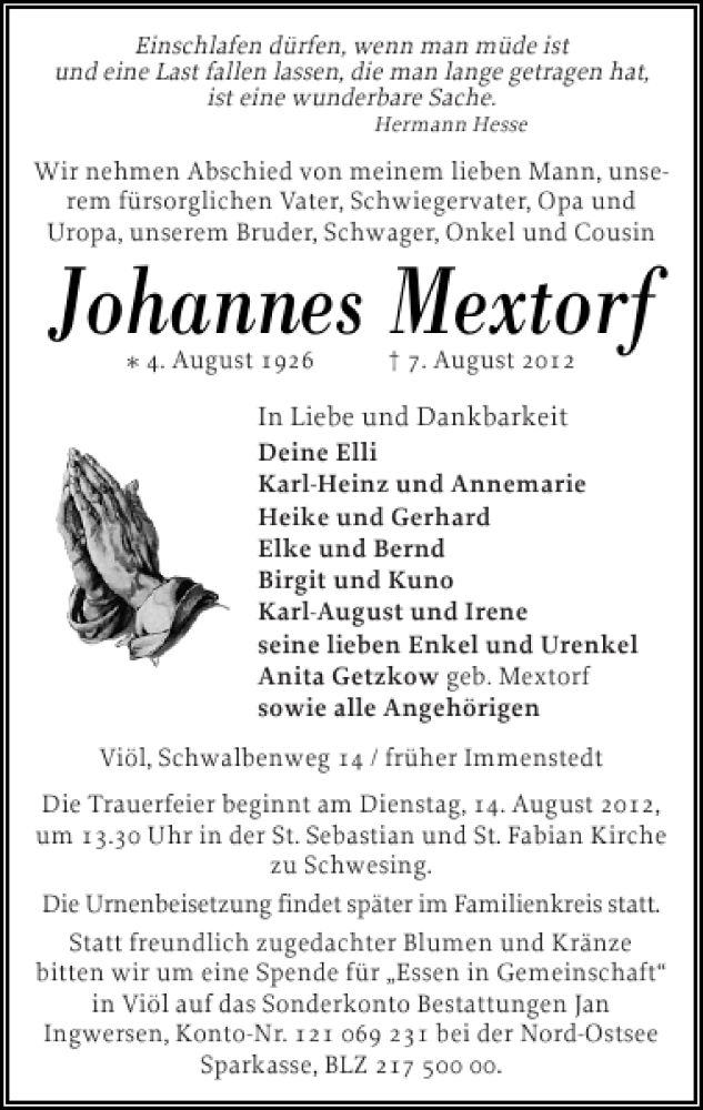  Traueranzeige für Johannes Mextorf vom 09.08.2012 aus Husumer Nachrichten