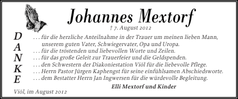  Traueranzeige für Johannes Mextorf vom 30.08.2012 aus Husumer Nachrichten