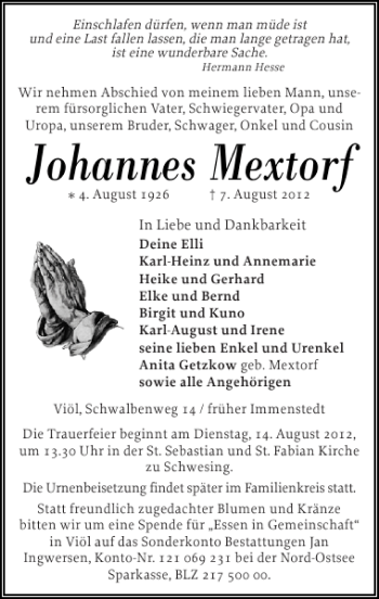 Traueranzeige von Johannes Mextorf von Husumer Nachrichten