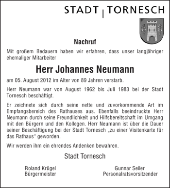 Traueranzeige von Johannes Neumann von Pinneberger Tageblatt