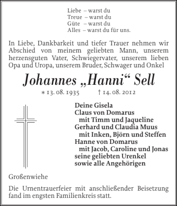 Traueranzeige von Johannes Hanni Sell von Flensburger Tageblatt