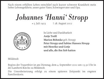 Traueranzeige von Johannes Hanni Stropp von Husumer Nachrichten