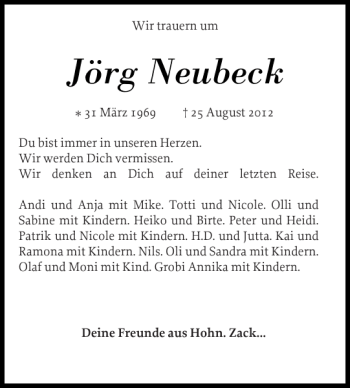Traueranzeige von Jörg Neubeck von Landeszeitung