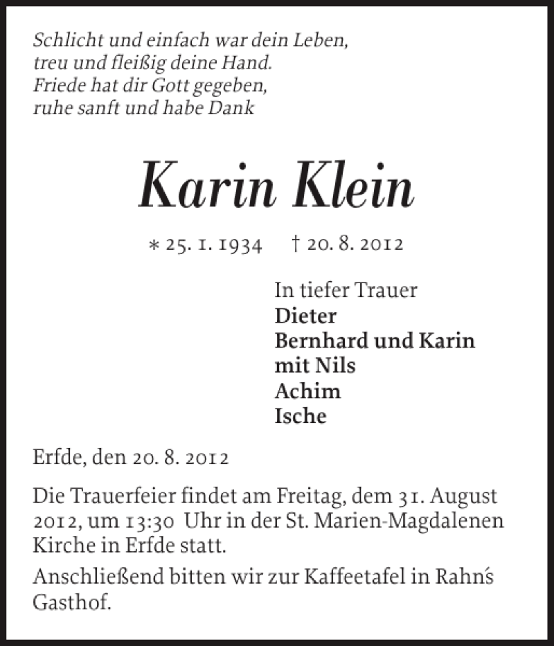  Traueranzeige für Karin Klein vom 25.08.2012 aus Landeszeitung