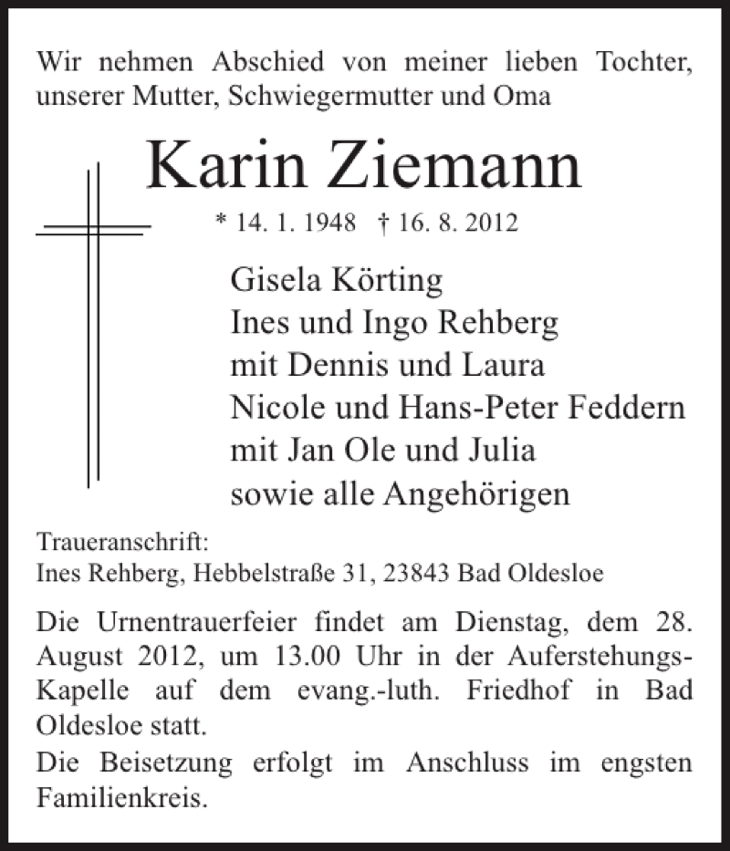  Traueranzeige für Karin Ziemann vom 23.08.2012 aus Stormarner Tageblatt
