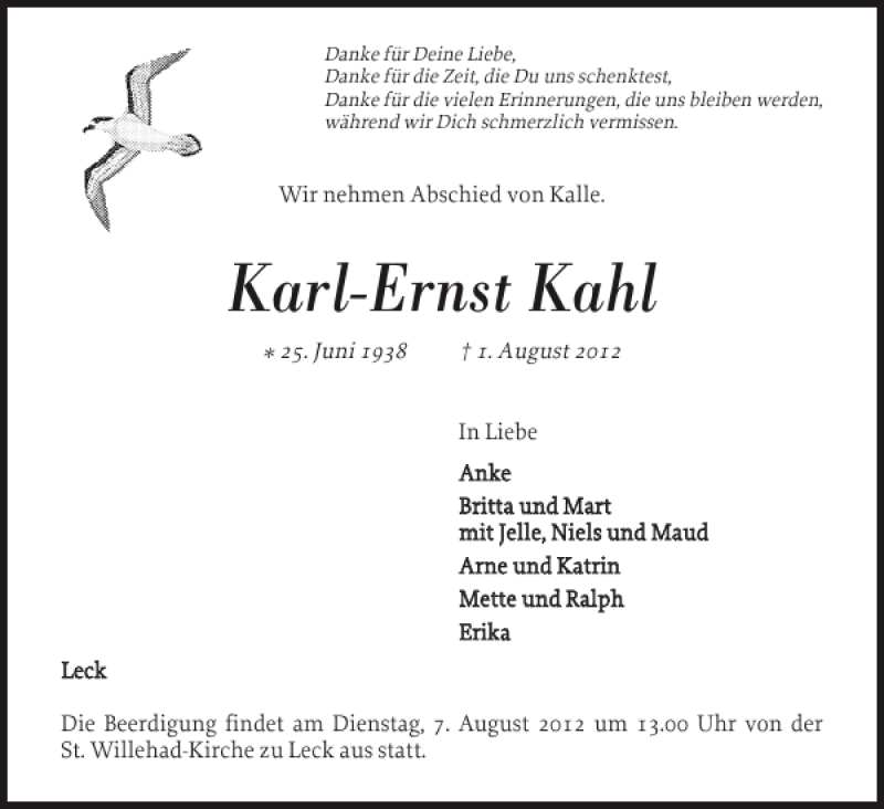  Traueranzeige für Karl-Ernst Kahl vom 04.08.2012 aus Nordfriesland Tageblatt