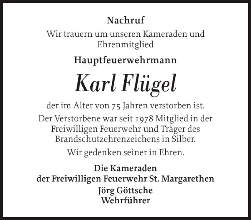  Traueranzeige für Karl Flügel vom 20.08.2012 aus Norddeutsche Rundschau