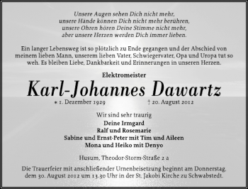 Traueranzeige von Karl-Johannes Dawartz von Husumer Nachrichten