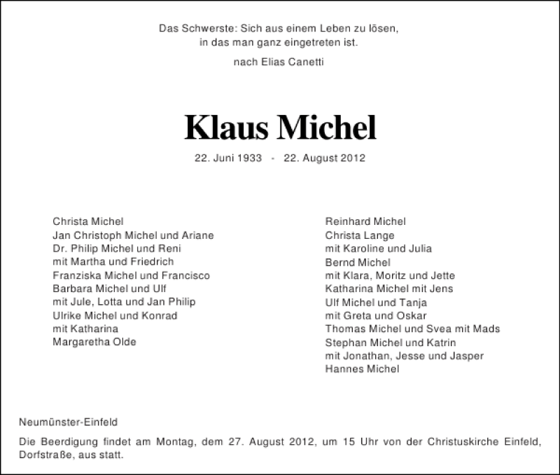  Traueranzeige für Klaus Michel vom 25.08.2012 aus Holsteinischer Courier