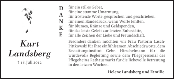 Traueranzeige von Kurt Landsberg von Schleswiger Nachrichten