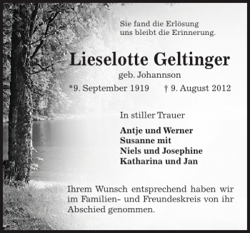 Traueranzeige von Lieselotte Geltinger von Pinneberger Tageblatt