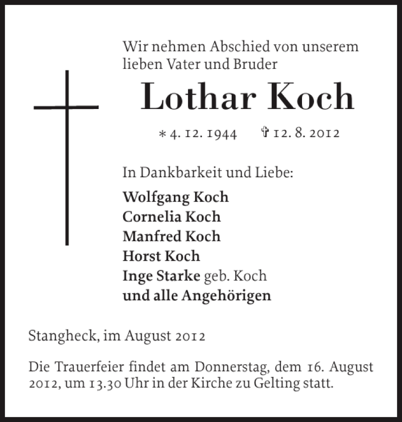  Traueranzeige für Lothar Koch vom 15.08.2012 aus Flensburger Tageblatt