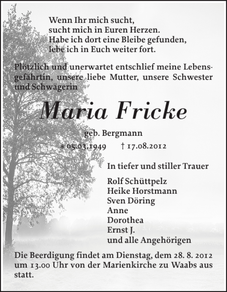  Traueranzeige für Maria Fricke vom 23.08.2012 aus Eckernförder Zeitung