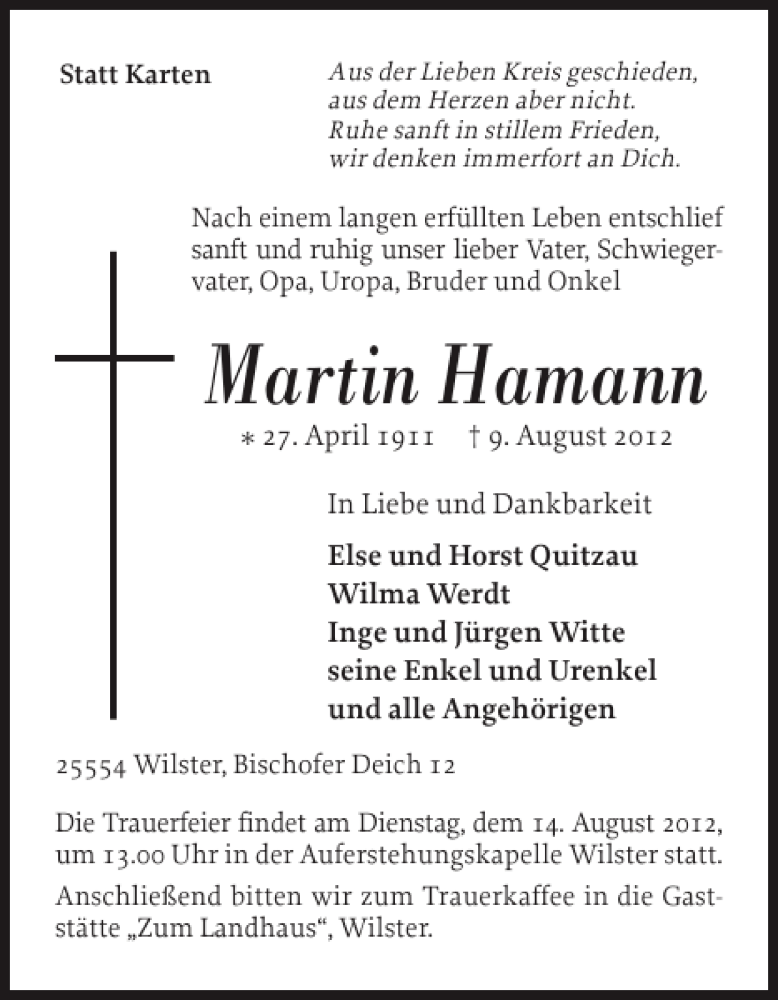  Traueranzeige für Martin Hamann vom 11.08.2012 aus Norddeutsche Rundschau