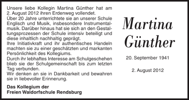  Traueranzeige für Martina Günther vom 08.08.2012 aus Landeszeitung