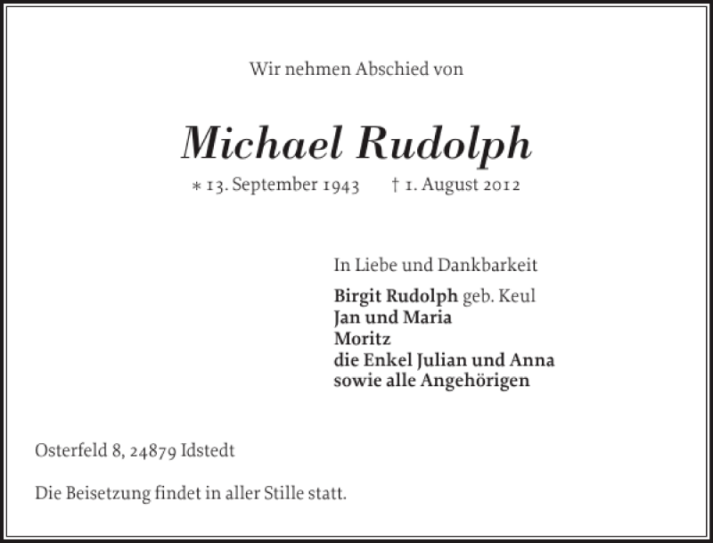  Traueranzeige für Michael Rudolph vom 11.08.2012 aus Schleswiger Nachrichten