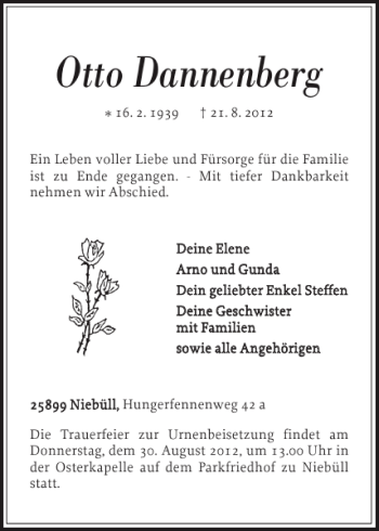 Traueranzeige von Otto Dannenberg von Nordfriesland Tageblatt