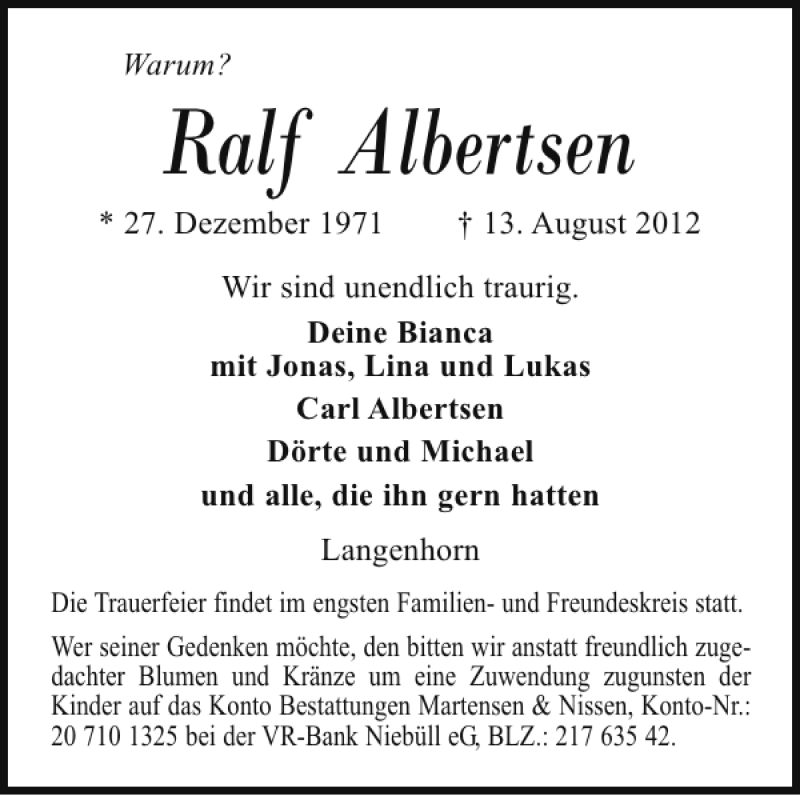  Traueranzeige für Ralf Albertsen vom 15.08.2012 aus Husumer Nachrichten